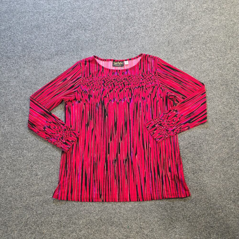 Bob Mackie Top Womens Size Medium Red Watercolor Artsy No Iron Stretchy Casual